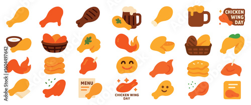 Chicken Wing Day Icon Set with Food, Beverage, and Fun Symbols