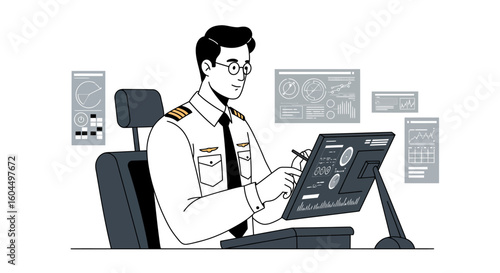 Pilot in Uniform Using Touchscreen Display in Cockpit.
