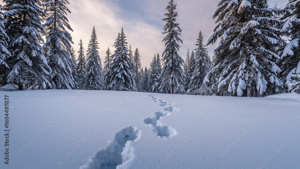 Naklejka premium Trail of footprints across snowy ground