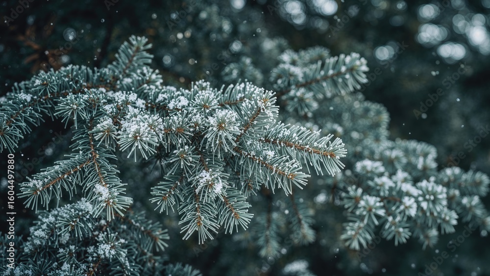 Frosty pine tree setting with gentle snowfall and festive vibes Frosty pine tree setting with gentle snowfall and festive vibes