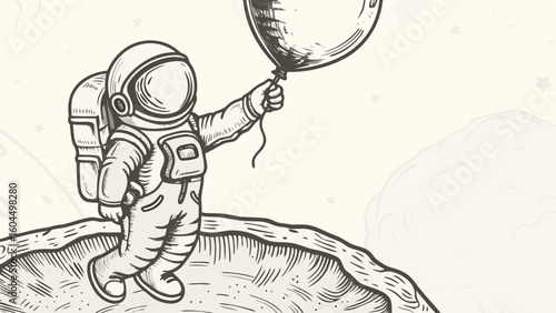 Astronaut on a desolate planet holding a balloon with stars in the background in a sketch style drawing silhouette