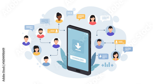 Smartphone with Download Icon Surrounded by People and Connections.