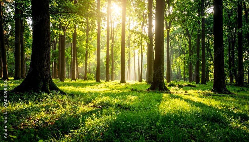 Obraz premium Sunlight streams through a lush forest