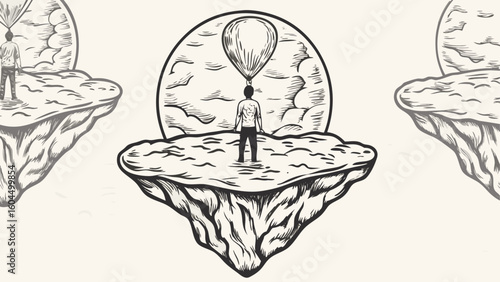 Illustration of a man standing on a floating island with a balloon and other floating islands around it silhouette