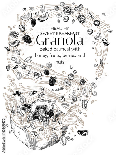 Vector illustration of a portion of granola with milk and falling ingredients. Oatmeal with nuts, berries and fruits. Healthy breakfast banner. Cafe card	