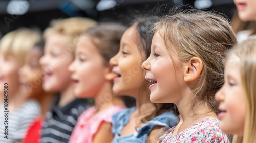 a group of children singing in a choir with lights in the background and a person in the foreground