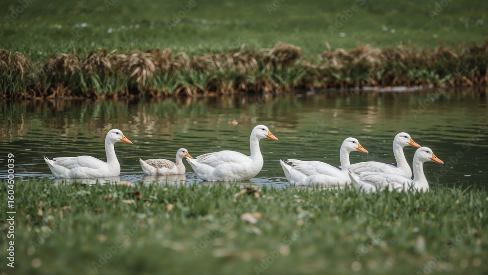 Obraz premium Several white ducks waddling near the pond