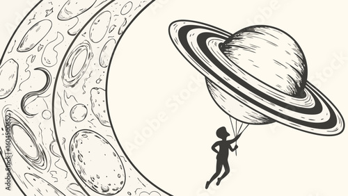 Illustration of a child holding onto saturn with a moon like object in the background in black and white silhouette