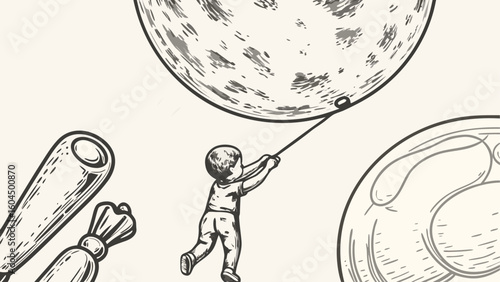 Illustration of a child pulling the moon down with a rope next to a telescope and a planet drawing silhouette