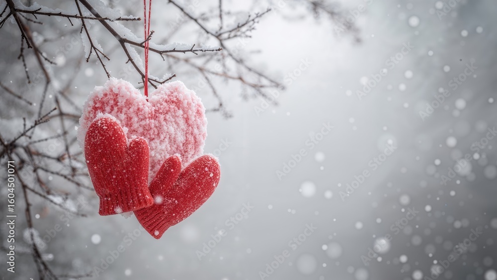 Fototapeta premium Conceptual love image showing a snow heart embraced by red mittens in a light snowfall, perfect for February 14 Valentine's greetings.