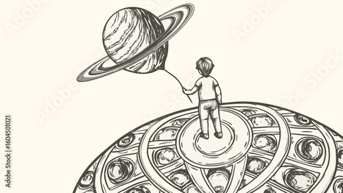 A boy stands on a patterned surface holding a saturn balloon in a monochrome sketch illustration silhouette
