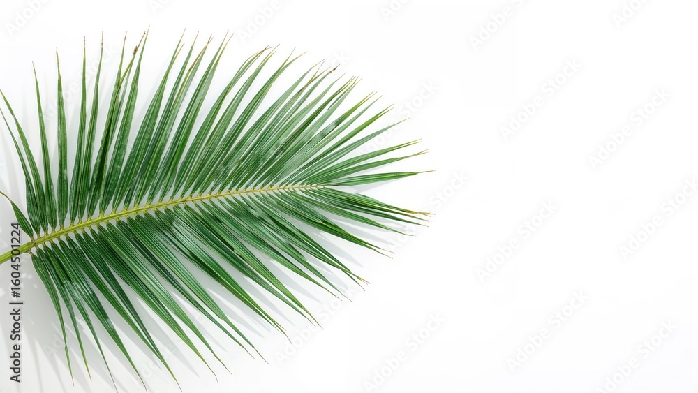 Obraz premium Bird's-eye view of a lush green palm frond on a plain white surface