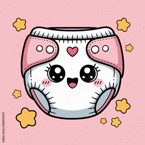 A cute cartoon diaper with a heart and stars on a pink background in a kawaii style illustration