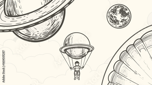 Illustration of a person parachuting from a planet with saturn and another planet in the background silhouette