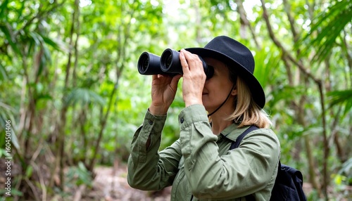 Fototapeta Naklejka Na Ścianę i Meble -  Woman with binoculars in jungle