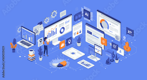 Isometric Illustration of Data Analysis and AI.
