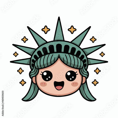 Cute cartoon statue of liberty with stars and a happy expression on a white background image