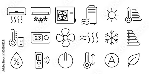 Climate control icon set with air conditioners, fans, heaters, thermometers, energy rating, remote controls, and humidity. Minimal line icons for HVAC, smart home, and weather apps.
