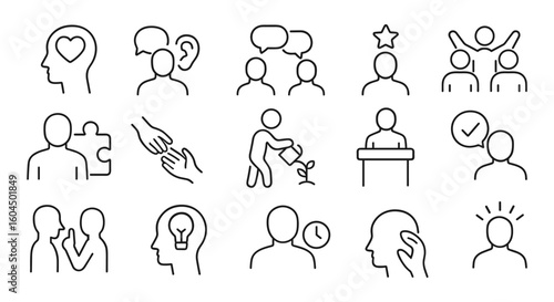 Mental health and communication icon set with empathy, dialogue, helping hands, public speaking, support, mindfulness, and collaboration. Minimal line style for wellness and psychology topics.