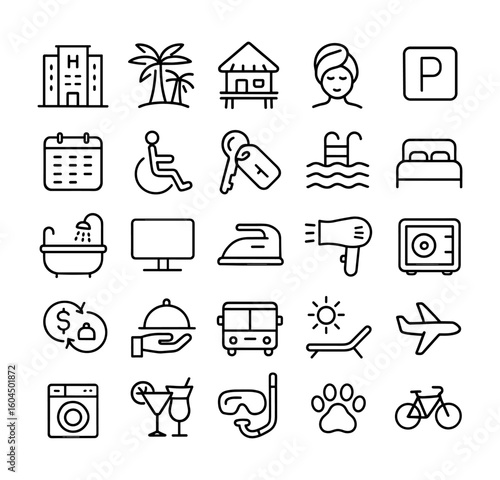 Hotel and resort line icon set featuring palm trees, huts, spa, keys, pool, beds, amenities, travel, dining, and drinks. Perfect for vacation, booking apps, and hospitality branding.