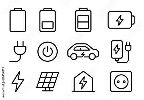 Electricity and energy icon set with batteries, plugs, electric vehicles, power button, solar panel, charging station, lightning bolt, and energy-efficient house