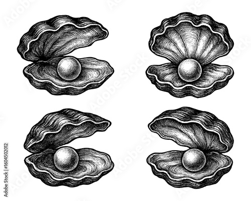 Vintage engraving illustrations of oysters with pearls inside open shells. Hand-drawn black and white sea treasures.