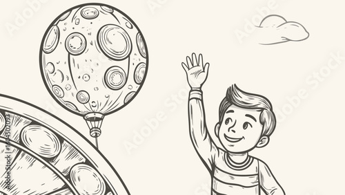Boy waving at a moon balloon next to a ferris wheel and a cloud in a black and white illustration silhouette