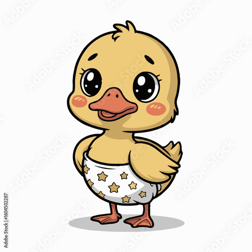 Cartoon baby duckling with big eyes wearing a diaper with stars on a white background isolated