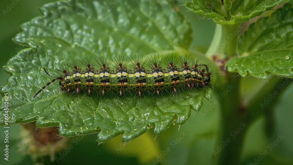 Fototapeta premium Tortrix moth larvae consuming raspberry leaves