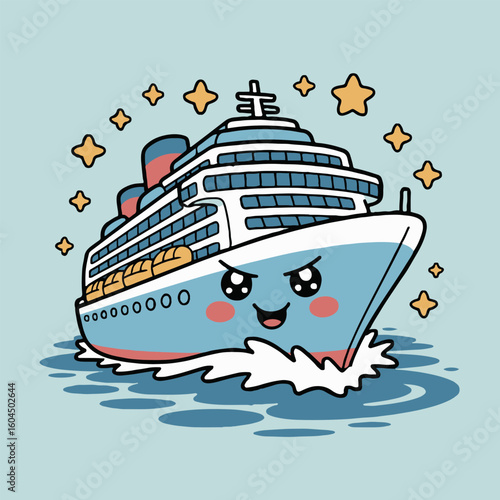 A cartoon cruise ship with a cute face sailing on water surrounded by yellow stars on a light blue background
