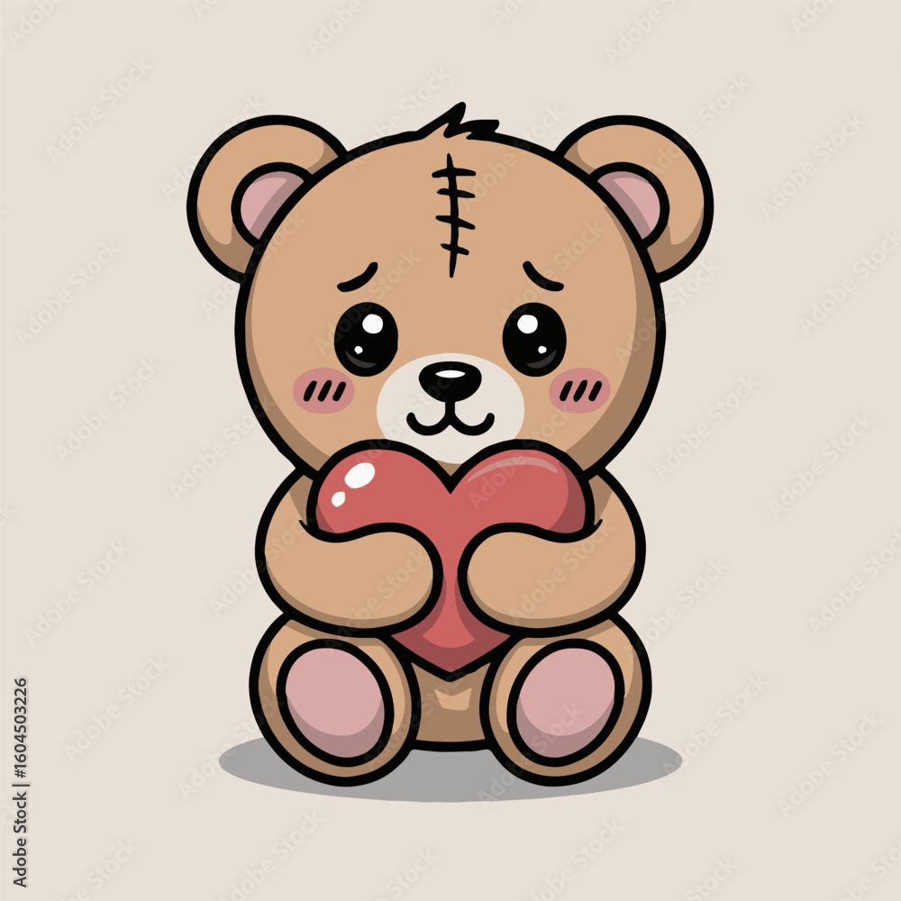 Obraz premium A cartoon teddy bear with stitches on its head holding a red heart against a light background color