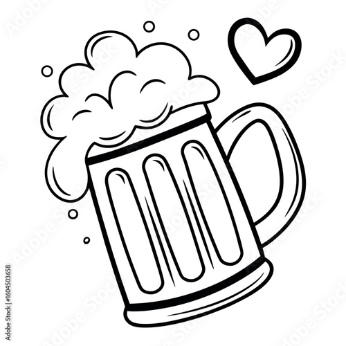A bubbly beer mug overflowing with foam pairs nicely with an outlined heart on transparent background