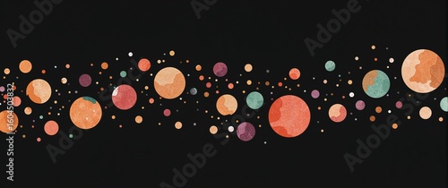 Botanical line art illustration filled with watercolor bubbles in sunset orange teal and plum spread lightly on plain black background