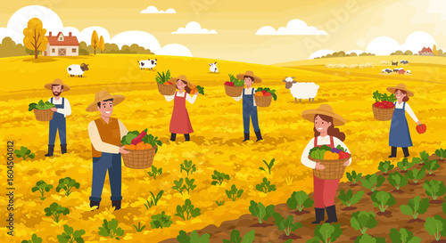 Farmers Harvesting Vegetables in a Sunny Field.