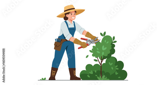 Woman Gardening Trimming Bush with Pruning Shears.