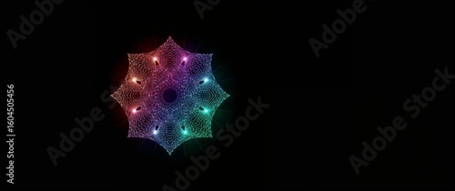 Electric bloom made of mesh gradients in ruby sapphire and emerald with neon pulses shining on plain black background