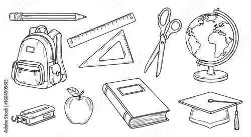 Back to school elements in outline style showing supplies like a book, pencil, and backpack for education. Back to school design elements and supplies enhance illustration, notebook and apple,