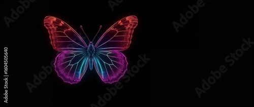 Glowing butterfly pair with layered mesh gradients and neon lined wings in jewel tones floating on plain black background