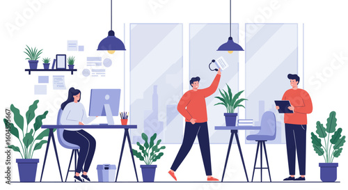 Office Team Working Together in Modern Workspace.