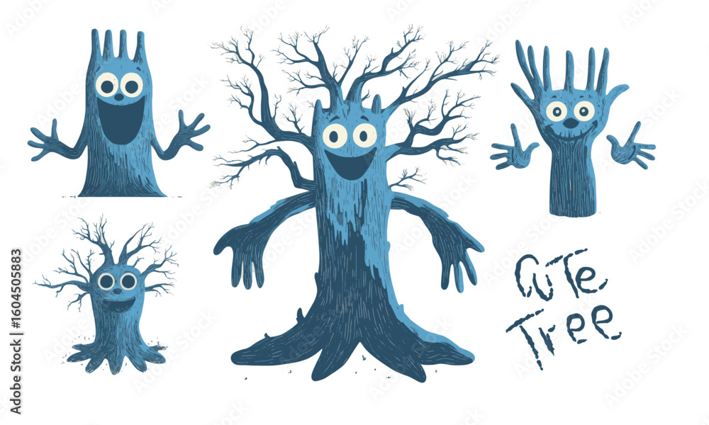 Fototapeta premium Cute tree character vector set. Blue funny hand drawn tree
