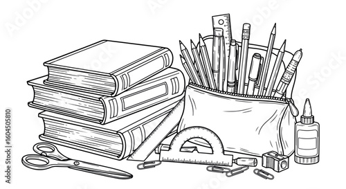 School border with books, pencil case, and rulers in monochrome illustration. Border includes scissors, crayons, sharpener and glue, ideal for educational content.