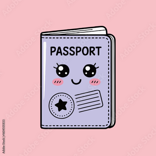 Illustration of a cute passport with eyes and cheeks on a light pink background image style