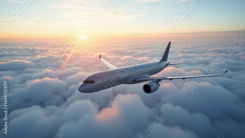 Commercial Airplane Flying Above Clouds at Sunrise – Aerial Aviation Travel Concept with Scenic Golden Light Sky