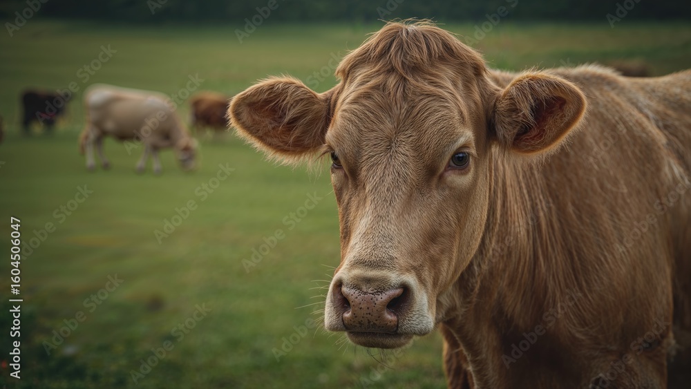 Close-up of a cow standing in a grassy field with other livestock in the distance, agriculture, farming, meadow, cattle, grazing, herd, outdoors, rural landscape Close-up of a cow standing in a grassy field with other livestock in the distance, agriculture, farming, meadow, cattle, grazing, herd, outdoors, rural landscape