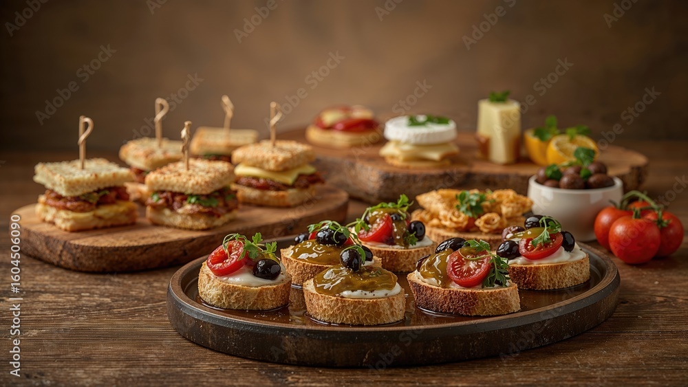 Fototapeta premium Authentic Mediterranean tapas selection for lunchtime, bite-sized sandwiches platter, savory appetizer dishes