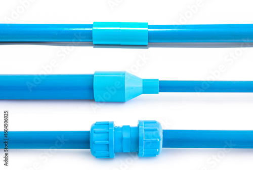 Blue PVC pipe set, separate on a white background, blue plastic water pipe, PVC accessories for plumbing work Plumber equipment Bend and connect the three-way plastic pipe to drain the waste water.