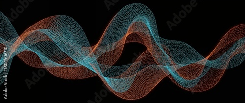 Modern abstract floral form with rich gradient mesh in aqua and amber hues trimmed in neon light on plain black background