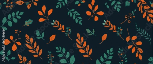 Stylized leaves and flower petals in flat vector shapes colored navy orange and jade on plain black background