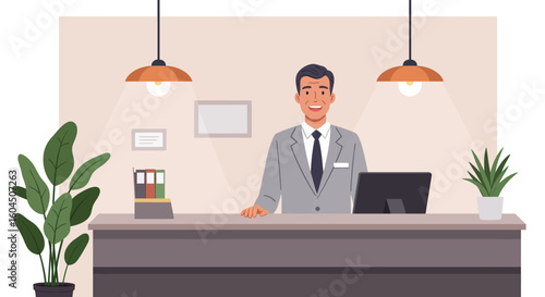 Smiling Receptionist Standing Behind Desk in Office.