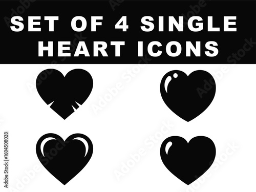 Four heart icons in varied designs offer a graphic element for Valentine's Day, love and relationship themes, perfect for adding simple vector art.